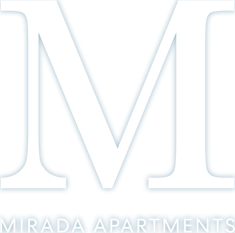 the apartments logo is blue and white
